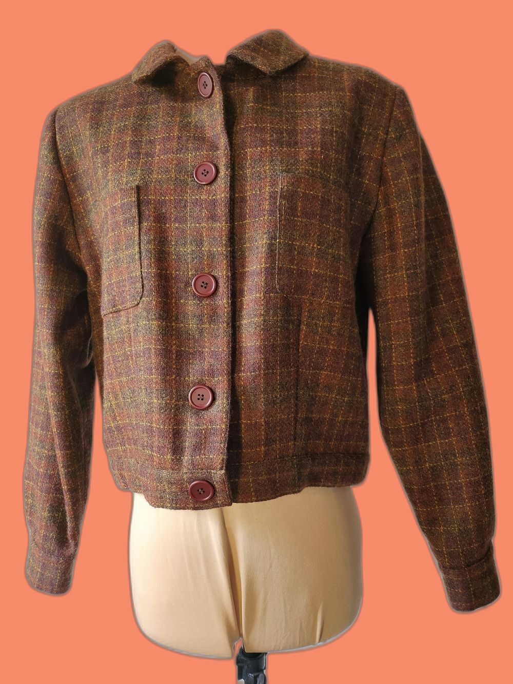 Vtg 100% Wool Autumn Leaves Brown Checked Plaid Tweed Bomber Jacket